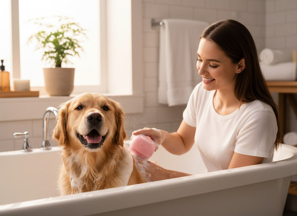 Premium Pet Grooming Bath Scrub — Easy Soap Dispensing Silicone Massage Tool for Comfortable Dog & Cat Bathing